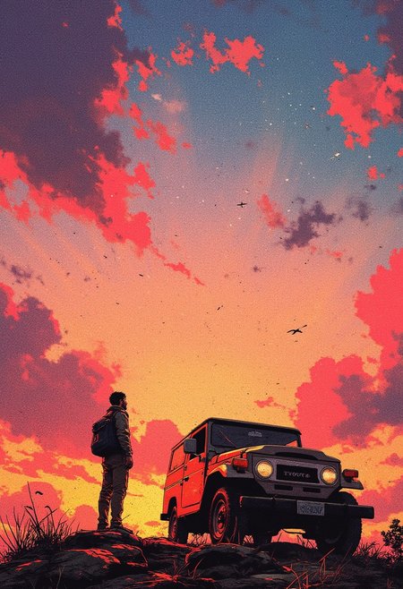 The image features a serene, scenic landscape at sunset with vibrant pink, orange, and purple clouds filling the sky. A lone figure stands near a vintage Toyota SUV, gazing upwards, perhaps lost in thought, while birds fly in the distance. The scene has a peaceful, contemplative atmosphere, with the warm, glowing colors of the sunset creating a dreamlike quality.