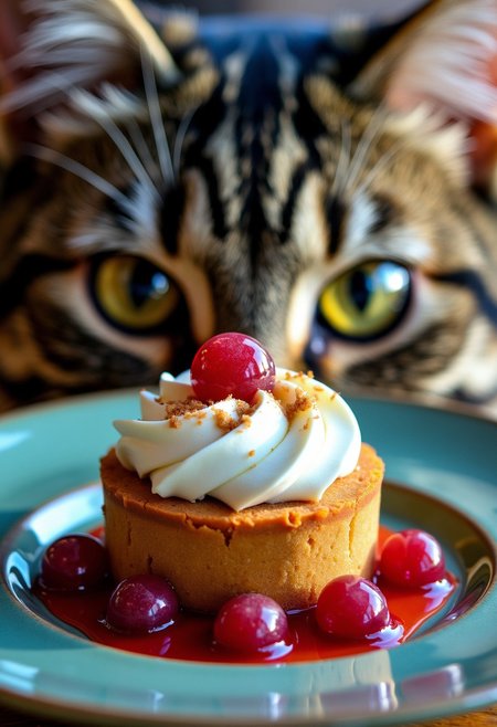 An macro shot of a desert on a centered plate with big wet cat's eyes behind it looking at the food which is reflected in the eyes. 
Vibrant colors, fur details, masterpiece.