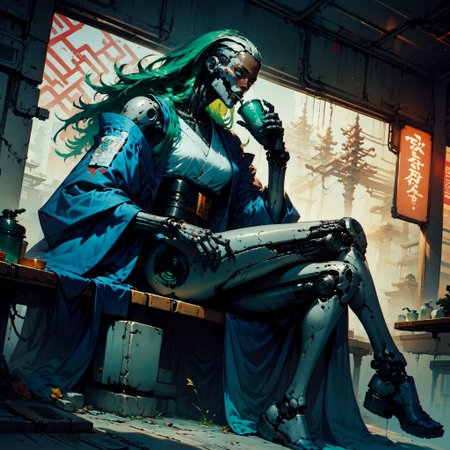 (score_9, score_8_up, score_7_up), (neon lights, cypberpunk city, japanese garden, thick lineart, sharp edges),
BREAK
dutch angle, full body, solo, 1women, blue eyes, blue long hair, dark-skinned female, female focus, robot, cyborg , android, mechanical arms, cyborg, robot joints, mechanical parts, tube, spine, cybernetic neck, bionic torso, bionic skin, kimono, sitting at table, drinking green tea
grim, dark atmospher, science fiction,
<lora:Concept Art Twilight Style SDXL_LoRA_Pony Diffusion V6 XL:0.8> <lora:Bad_Hands_lora:0.8> <lora:add-detail-xl:0.8>   <lora:GN_v1.4:0.8>