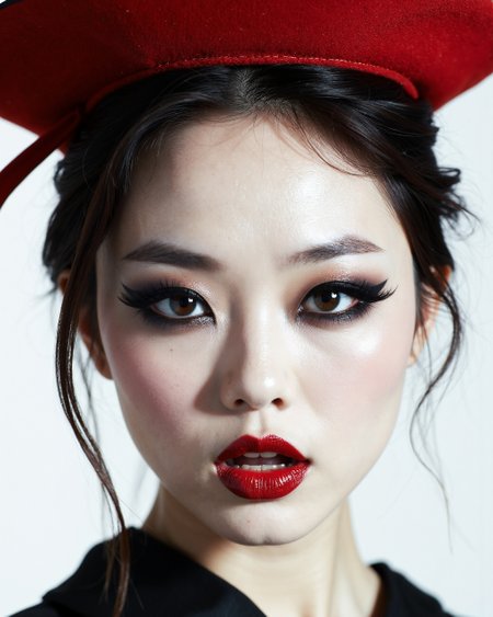A striking forced perspective from front of a wabi sabi woman’s face, wearing a auburn red baret. pale skin. Her eyelids are covered in dark, matte makeup that accentuates her long eyelashes, while her lips stand out in a glossy vibrant red, she has vampire fang teeth, she is an asian samurai warrior,
. The image is minimalist yet visually intense,  evoking a sense of modern art and surreal beauty, she is looking at the viewer
RAW photo, masterpiece, photorealistic, 8k, best quality, stunning eyes, detailed iris, skin detail, skin pores, blemishes