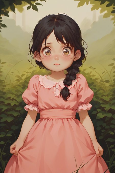 score_9,score_8_up,score_7_up,
 <lora:alkemanubis_style_pony6_v3:0.8>
1girl, solo, young, child, flat chest, black hair, twin braid, brown eyes, blush, scared, looking at viewer, pink dress, puffy sleeves,