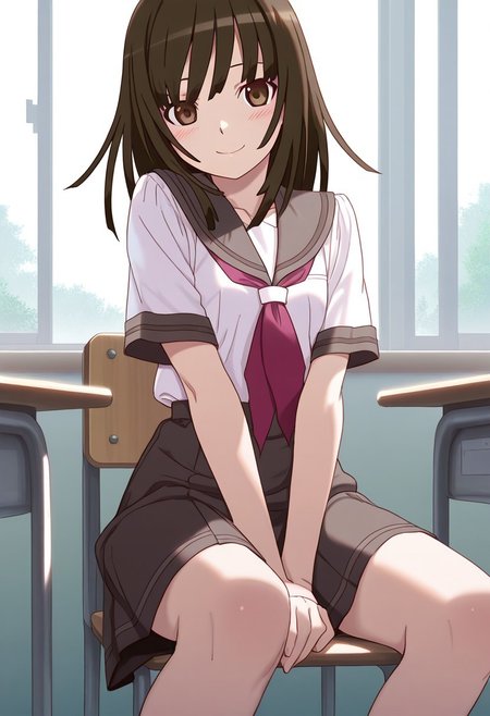 <lora:illustrious_XL_nadeko:0.9>,nadeko,masterpiece,best quality,good quality,1girl,solo,long hair,long bangs,school_uniform,sailor,day,indoor,classroom,v_arms,sitting_on_chair,smile,light_blush,