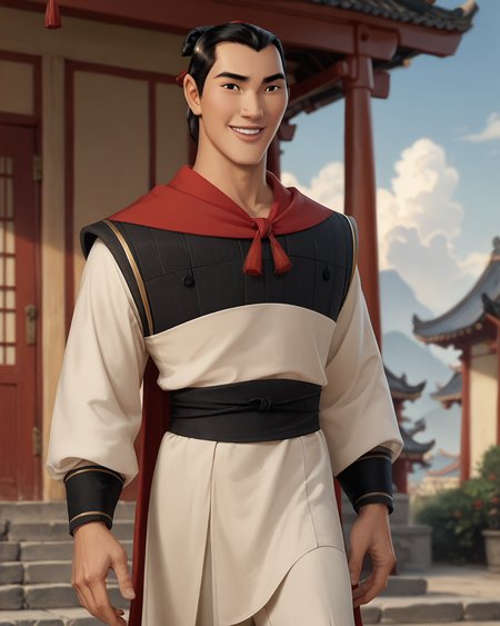 score_9, score_8_up, score_7_up, intricate details, rating_questionable,
<lora:Li_Shang_-_Mulan:1>,
<lora:homri52:0.8>,
1boy(lishang,  uniform, standing at attention in a barracks yard, smiling, solo, cowboy shot, looking at the viewer), outdoors, sunshine, summer
, ancient china, detailed background, depth of field, subsurface scattering,
<lora:xl_more_art-full_v1:0.3>,
<lora:add-detail-xl:0.3>