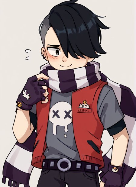 score_9, score_8_up, score_7_up,   <lora:bsedgar:1> ear bsedgar    , 1boy , short hair , black hair, hair over one eye,piercing, solo,striped scarf  ,red vest , grey shirt,  short sleeves, belt , black pants ,black gloves,   fingerless gloves, blush,  nervous smile,  <lora:Yagi_the_Goat_Style:1>by s1120411