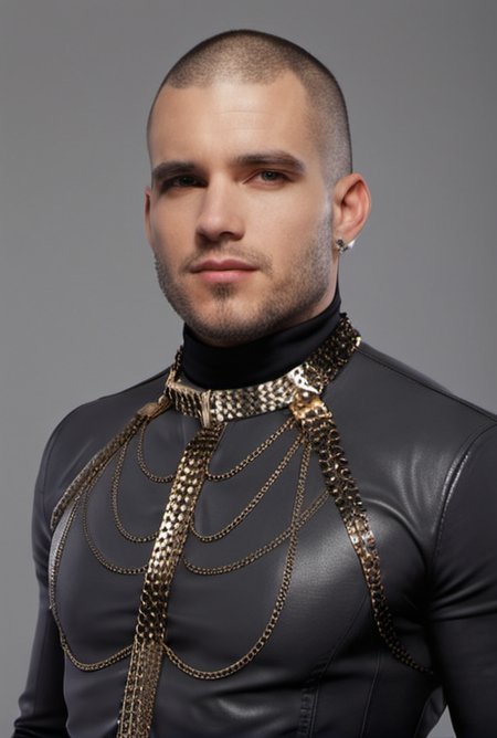 <lora:ChainHalterXL:0.8> chainhalter,  portrait of   a  man, bsdm outfit