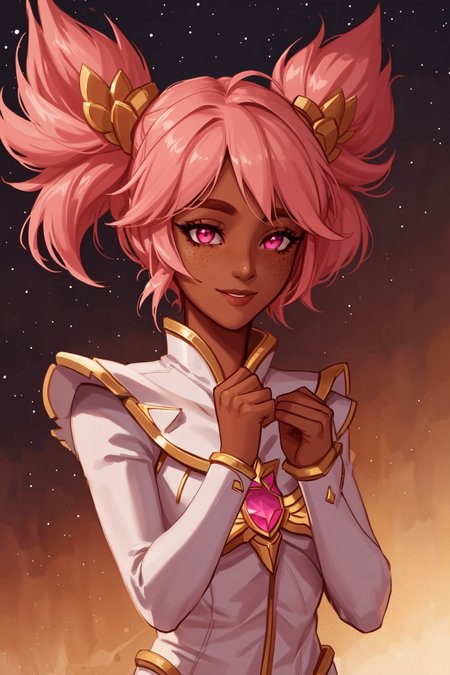 best quality, masterpiece, original, highres, illustration, best lighting and shadow, aesthetic wallpaper, amazing, beautiful, taliyah, 1girl, solo, dark skin, dark-skinned female, short hair, thick eyebrows, pink eyes, freckles, extremely detailed and beautiful face, happy, smile, star guardian league of legends, star guardian taliyah, upper body, pink twintails,
<lora:tali-20:0.5>
