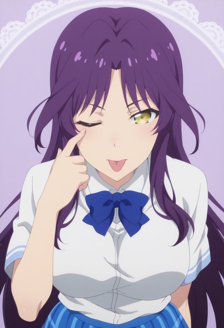 anime screencap, anime coloring,   <lora:DX888Kyou:1> goshouin kyou, yellow eyes, purple hair, very long hair, parted bangs BREAK  school uniform, white shirt, blue bowtie, plaid skirt, blue skirt BREAK simple background, purple background,  lace background, BREAK 1girl, akanbe, eyelid pull,  hand up, looking at viewer, one eye closed, portrait,  solo, tongue out, upper body,