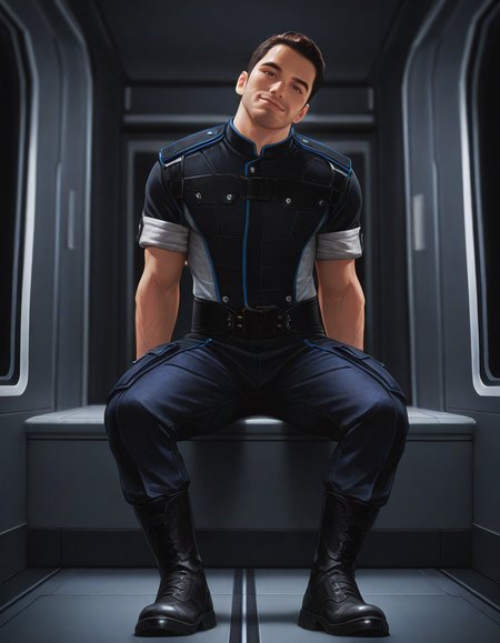 masterpiece, best quality, newest, perfect quality, best quality, detailed background, intricate details, male focus, solo, realistic, <lora:Mass Effect - Kaidan Alenko - Illustrious-000006:0.7>, mekalenko, 1boy, dark brown hair, short hair, thick stubble, brown eyes, looking at viewer, contrapposto, spacecraft interior, uniform shirt, sleeves rolled up, uniform belt, uniform pants, uniform boots, full body, head tilt towards viewer, smirk, sitting, hallway