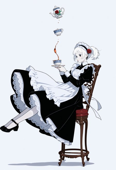 masterpiece, best quality, absurdres, minimalism, flat color,
1girl, solo, maid, maid apron, short black dress, long sleeves, white lace pantyhose, maid headdress, white embroidery, pale skin, red rose ornament on hair, white hair, white eyelashes, white eyebrows, porcelain skin, black eyes, glossy lips, short hair, twintails, cute, falling, midair, from side, drinking a cup of tea, floating ornate chair, floating chinaware, floating fancy paintings