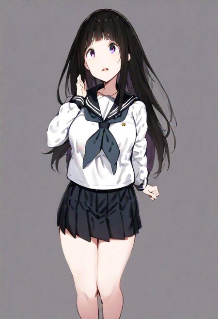 chitanda_eru, 
1girl, chitandaeru, purple eyes, long hair, black hair, kamiyama high school uniform \(hyouka\), school uniform, serafuku, 
masterpiece, best quality, very aesthetic, absurdres, 1milf, 1adult, solo, full_body, tachi-e,