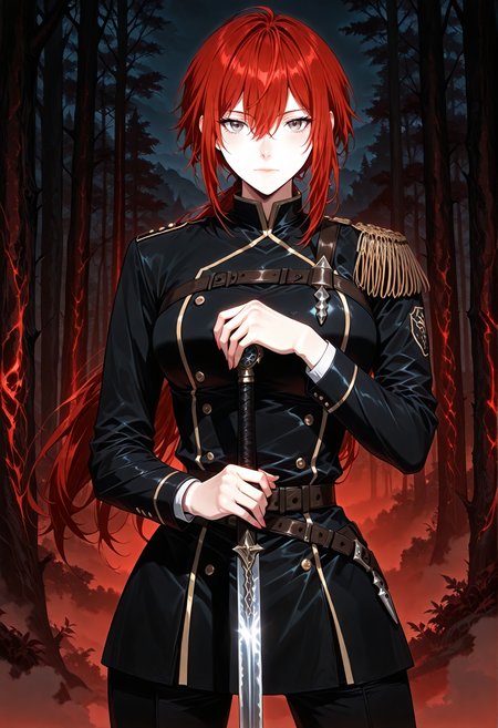 <lora:Claire_Bladeheart__The_Beginning_After_the_End__Illustrious:1>
1 girl, solo, grey eyes, red hair, ponytail, low ponytail, long hair, hair between eyes, bangs, black uniform, black jacket, black pants, epaulettes, long sleeves, belt, double-breasted,
score_9, score_8_up, score_7_up, very aesthetic, source_anime, detailed, high quality, beautiful, masterpiece, detailed eyes, hands on hilt, looking at viewer, cowboy shot, legs apart, outdoors, night,  red theme, fog,  forest,  <lora:iLLMythG0thicL1nes:1>