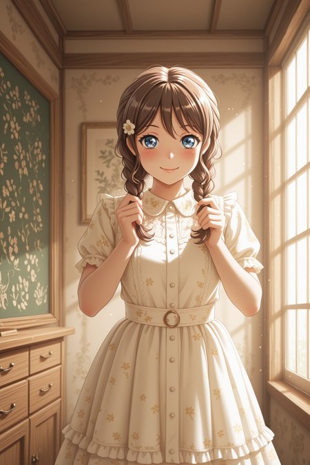 masterpiece, best quality, amazing quality, 1girl, solo, makeup, general, looking at viewer, blush, highres, cowboy shot, smile, indoors, birthday, sunlight, window, holding hair, hands up, <lora:Yamabuki_Saaya_Ban_Dori:1>, Yamabuki_Saaya_Ban_Dori, blue eyes, brown hair, long hair, twin braids, hair flower, hair ribbon, bow, breasts, sidelocks, white dress, frilled dress, floral print, vintage decorations, <lora:wai-2Rectified-V140:1>, <lora:illustrious_noobai_epsilon_pred_1_masterpieces_v1:1>