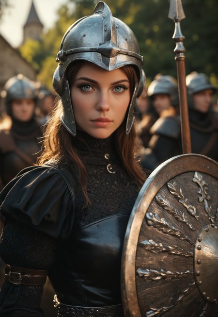safe_pos, score_9, score_8_up, score_7_up, score_6_up, 1girl, amazing quality, uhd, portrait, medieval in a helmet and chainmail armor, holding shield while holding a spear.
Medieval style, random background
BREAK
source_cartoon, rating_explicit, Expressiveh, (((((upper body))))), dynamic pose
(The Blacksmith Shop background:1.8)
 (8k uhd:1,4)
(((full-clothed))),
 <lora:add-detail-xl:1>
 <lora:Dynamic Poses:1>