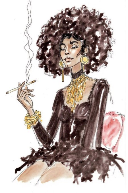 hugop1 watercolor illustration. 
A watercolor illustration of an African woman in a sitting position. She has a voluminous, afro hairstyle that stands out prominently. She hold a slender cigarette holder in her hand.
 <lora:hugop1_cap_d6a3e12:1.0><lora:824364529745008151:0>
