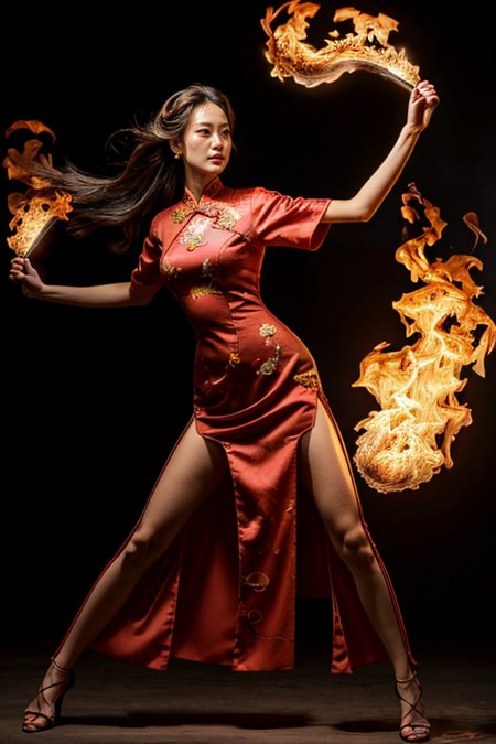 (best quality, masterpiece, 8k,uhd, photorealistic), (fullbody:1.3), (8K:1.1), RAW photo, (cinematic light, science fiction, film grain, extremely detailed body and face, brown eyes, photo-realistic:1.4), cinema shot,  (25 years old gorgeous beautiful koreangirl), detailed face lighting,bright backlight,small breasts,super high resolution,best quality,Photos,4k,(Realistic:1.2),1 girl,sexy,cosplay,standing,legs apart,hand on hip,confident,looking to the side,expressive eyes,long flowing hair,(red qipao dress with high slit:1.3),revealing neckline, (matching classy thighhighs:1.3, high heels), slender waist,long legs,high heels,fingerless gloves,fan accessory,yuhuoshu,fiery background,flames, controling fire magic, fiery fists, fire swirling around body, (dynamic kung fu pose:1.3), human body ratio, detailed background, skinny arms, slim arms, long arms, korea street background:1.6, <lora:add_detail:0.6>,, <lora:koreangirl:0.6> ,<lora:yuhuoshu:0.2>