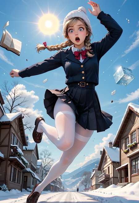 score_9, score_8_up, score_7_up, score_6_up, masterpiece, cinematic, action shot, dynamic camera angle, 1girl, scene of a girl slipping on icy walkway, BREAK, 
1girl, pretty 21 years, long dirty blonde hair, twin braids, black skirt, white tights, penny loafers, winter hat, winter parka, slender waist, long legs, ((tripping, one leg raised, in mid air, falling backward)), shocked, surprised, BREAK,
books and papers scattered in mid air, college campus, winter, icy walkway, sun glistening off of ice, high definition, best quality, 8k
