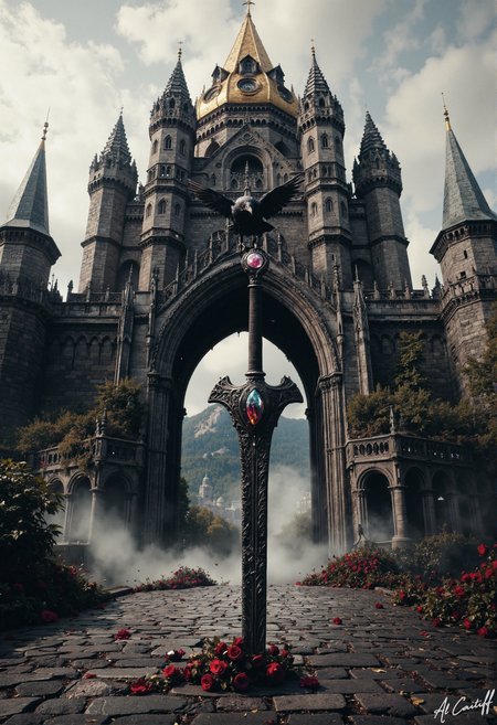 The 35mm fisheye lens contorts the castle into a living titanâits gothic spires bending like beckoning fingers, the golden dome a molten eye staring down as cobblestones ripple beneath the towerâs shadow, their motion blur echoing the rhythmic shiver of a single black rose growing from the spireâs cracked stone, its velvet black petals trembling in time with the ghostly harpâs lament while a lone crow perches on the abandoned swordâs hilt, its beady eyes reflecting the tiaraâs gemstone flicker. The crowâs wings twitch with each new fissure spiderwebbing through the castleâs bones, every crack blooming another dark rose as the harpâs climbing melody tightens like a noose around the throat of the world., fg<lora:CustomFlux/MysticFantasy.safetensors:0.25000000000000006:0.25000000000000006> <lora:CustomFlux/MysticRealism.safetensors:0.7500000000000001:0.7500000000000001> <lora:Flux/Stylized-Super-Texture.safetensors:0.5000000000000001:0.5000000000000001> <lora:Flux/Dark_side_of_light.safetensors:0.5000000000000001:0.5000000000000001>