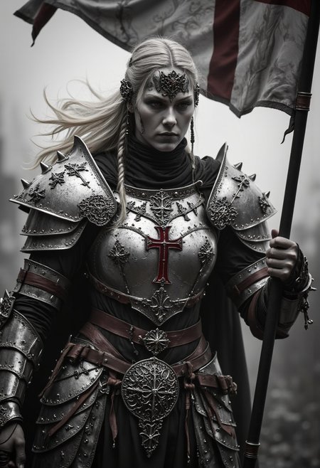 This is a high-resolution, black-and-white photograph of a powerful Viking woman holding a Templar flag with strength and grace. Her muscular yet elegant frame exudes raw power, and her commanding presence is heightened by dark, intricate Templar symbols tattooed across her neck and face, climbing toward her temples. Her expression is fierce yet composed, embodying both the ferocity of a warrior and the wisdom of a leader.
She wears a combination of Viking and Templar-inspired armor: polished silver plates with intricate Norse engravings, layered over leather accents. Her chestplate features a bold red cross, marking her as a warrior of conviction. Her blonde hair is braided in a traditional Viking style, with loose strands framing her face, adding a touch of wild beauty.
In her hand, she holds a large Templar flag, its fabric rippling in an unseen wind. The flag’s deep red cross contrasts starkly against the aged white fabric, symbolizing the fusion of her Viking heritage and the Templar legacy she upholds. A long, flowing black cape drapes behind her, emphasizing her regal and mighty stance.
The background is an atmospheric blend of mist and shadow, evoking the somber aura of a battlefield at dawn. Shot with high contrast and sharp focus, the image highlights the textures of her armor, the flowing fabric of the flag, and the deep symbolism of her tattoos.