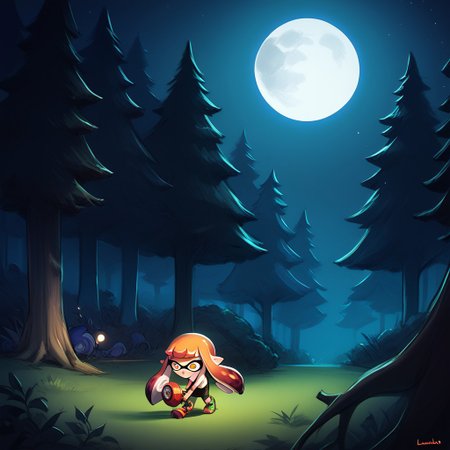 score_9, score_8_up, score_7_up, score_6_up, score_5_up, score_4_up,
luminekoStyle
inkling girl,  splattershot (splatoon), 
Night, forest, moon, eyes in the dark, trees, scared, holding splattershot,
