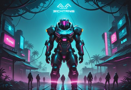 Ultra modern Asian jungle fortress, cyberpunk style, with cyber men and hackers:
Physical characteristics of the fortress:
Massive walls of reinforced metal and glass, with neon lights highlighting the contours.
Grand arches and domes decorated with intricate Asian ornaments and LED lighting in bright neon colors.
Black metal entrance gates with high-tech neon-lit symbols.
Towers with light panels and holographic displays showing information and visualizations.
Background and Environment:
A jungle illuminated by bright neon lighting creating a contrast between the vegetation and the modern architecture.
Tall trees with neon vines and technological facilities integrated into the natural environment.
Sky with stars and neon lights from drones and flying vehicles.
Cyber ​​Men and Hackers:
Cybermen: High-tech suits with glowing stripes and LED lighting, masks or goggles with neon lighting, built-in interfaces and gadgets.
Hackers: Leather jackets, cybernetic implants, light accessories, portable computers and holographic displays.
Atmosphere:
Bright neon lighting effects highlighting the details of the fortress and creating a futuristic atmosphere.
Neon colors reflected in the jungle creating a contrast between modern and traditional.
Dramatic moonlight or special lighting for depth and realism