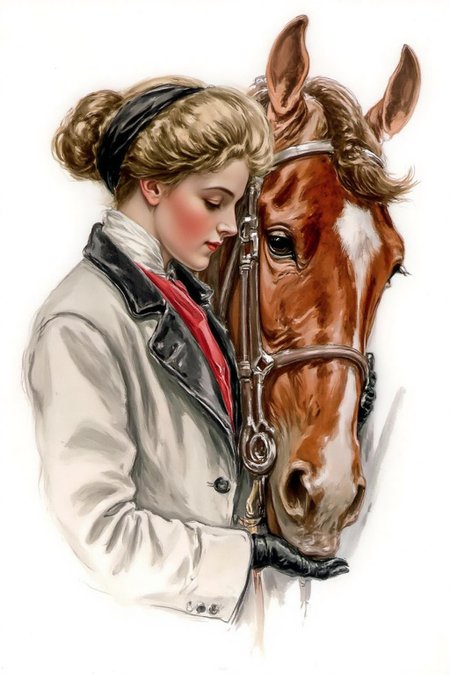 hafisher1 illustration. 
A tender moment between a woman and a horse. The woman, positioned on the left side of the image, is dressed in a light-colored, high-collared coat with a red cravat. Her hair is styled in an elaborate, updo, secured with a black headband, and she wears black gloves.
 <lora:hafisher1_cap_d6a3e12:1.0><lora:829844800640624093:0>