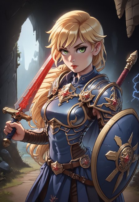 safe_pos, score_9, score_8_up, score_7_up, 1girl, woman, solo.
(A solitary knight in gleaming armor, standing guard at the entrance of a hidden cave, with a glowing sword held firmly in hand. Green eyes, long blonde hair, front bangs, fit figure:1.85)
((((big sword and iron shield in hands)))
<lora:add-detail-xl:1> <lora:Expressive_H:0.6>Expressiveh, (SimplepositiveXLv1:1.3), (((upper body, full clothed)))
((masterpiece))
 (ultra realistic, 32k, masterpiece:1.2), (high detailed skin:1.1), (high quality:1.1)
(((full clothed)))
<lora:DandonFuga_Style_v.2_-_Pony:0.8>
 (8k uhd:1,4)
 <lora:add-detail-xl:1>
 <lora:Dynamic Poses:1>