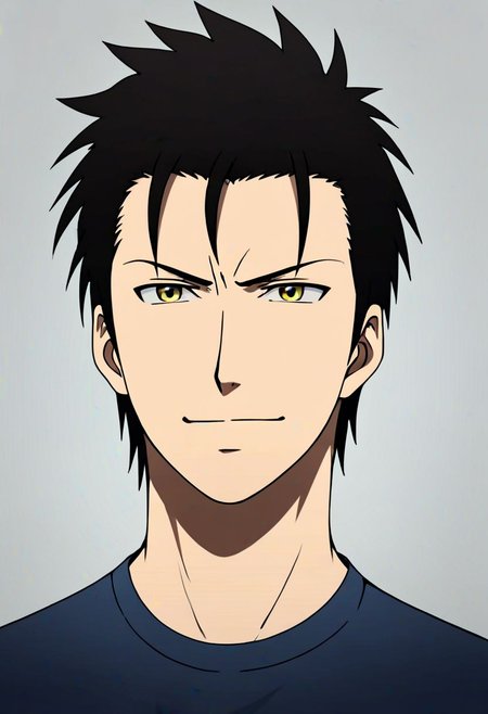 Highres, Masterpiece, High Quality, 4K, 8K, solo, 1Boy, Soujirou Agata, borown eyes, black hair, Shirt, passport_photo_style, looking at viewer, angry, smile, focused gaze forward, plain background, straight body, head upright, easynegative, detailed_eye_model