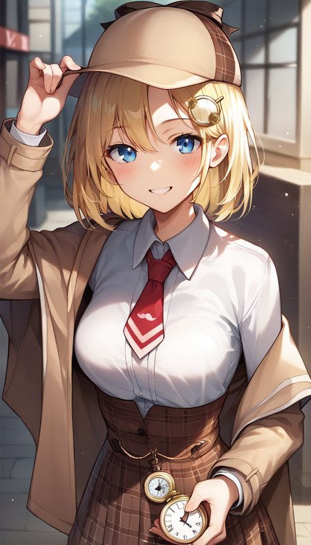 score_9,score_8_up,score_7_up,score_6_up BREAK official art,solo,outdoors,upper body,(portrait:1.5),looking at viewer,facing viewer,smile,blush,Watson Amelia,detective,brown headwear,blonde hair,medium hair,bob cut,monocle hair ornament,hair between eyes,parted bangs,blue eyes,collarbone,brown capelet,red necktie,short necktie,white shirt,collared shirt,medium breasts,skindentation,long sleeves,pocket watch,high-waist skirt,brown skirt,pleated skirt,plaid skirt,zettai ryouiki,thighs,black thighhighs,loafers,<lora:Watson Amelia(vtb)-Pony:1.4>,