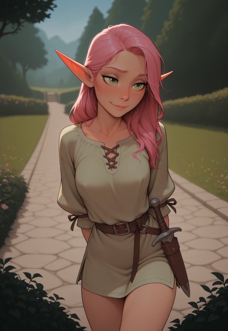 masterpiece, best quality, amazing quality, very aesthetic, DISNEY_ANIMATION, incoth, (incase:0.6), female, solo, (depth of field), medieval setting, outdoors, garden, day time

elf, pink hair, green eyes, cute face, slender, small breasts, long hair swept to one side, short elf ears, short ears,

simple tunic, dagger,

combat training, dynamic pose,