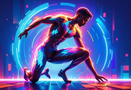 vibrant holographic digital art of an athletic male figure in motion, adorned with neon patterns and lines that give him the appearance of being sculpted from light. He is seen in midpose on his knees, embodying strength and grace as he leans forward to balance himself against gravity. The background features pixelated squares, with neon colors and pixelated patterns that create depth and movement in the style of various artists., the background has colorful pixelated patterns and lights, with high contrast., adding depth while creating a futuristic atmosphere. His skin seems almost the vibrant colors, An illustration of an athletic man in neon colors, An abstract colorful digital illustration of an athletic man with neon patterns on his body