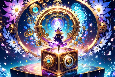 slvt, 1girl, cinematic angle, witch, wizard, robe, depth of field, light particles, magical effect, Gears, machine boxes, compass, Pandora's box, magic circle, light particles, Narcissus, petal, Double Exposure style, [(black background:1.2)::0.2], (fractal background:1.2), ultra detailed, (masterpiece, best quality:1.4), [<lora:detailed_notrigger:1.15>::0.5], [:<lora:detailed_hands:1.05>:0.5],  <lora:Monster_in_a_Box_SDXL:1.05> <lora:Double Exposure style:1>