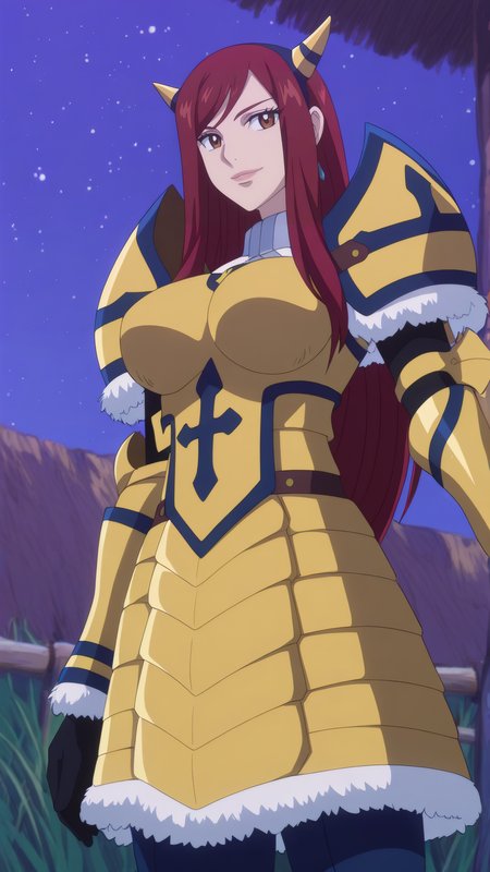 masterpiece, best quality, very aesthetic, absurdres, BREAK, 1girl, looking at viewer, cowboy shot, 
<lora:Giant_Erza_Illu_Dwnsty:0.8>, erz_giant, brown eyes, red hair, long hair, hairband, fake horns, armored dress, gold armor, black gloves, fur trim, gauntlets, pauldrons, breastplate, shoulder armor, 
large breasts, lips, light smile, crossed, arms, from below,
outdoors, grass, nature, starry sky, night,