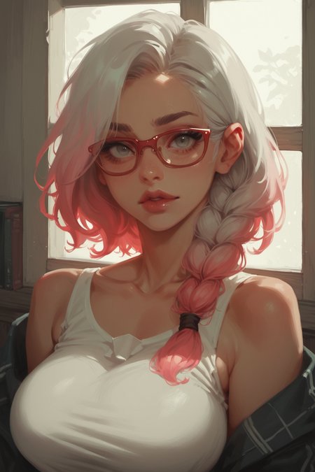 1girl, solo, looking at viewer, collarbone, window, bare shoulders, indoors, ,  eyelashes, portrait, breasts,  upper body, spot color, gradient hair, glasses, braid, large breasts, two-tone hair, upper body, monochrome, pink hair,  red-framed eyewear, greyscale, medium hair, white hair, grey eyes, colored tips, zPDXL3, detailxl,  Score_PnyReal, (lineless:1.5)