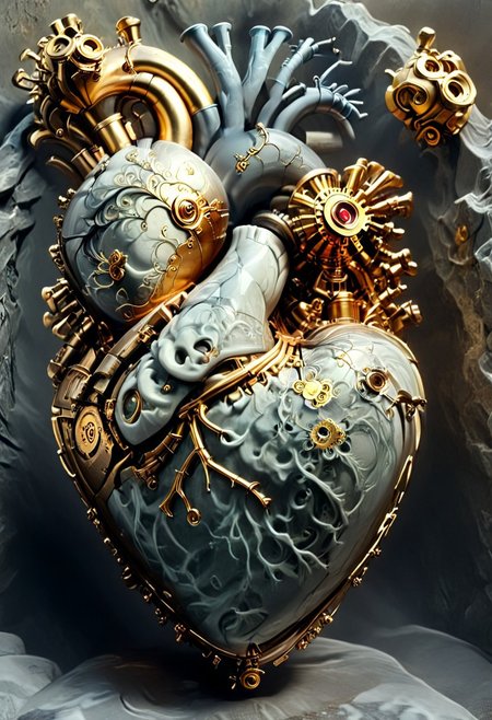 a young woman clutches her mechanical heart in her chest which is rendered in Greys anatomical style with bolts and screws and steampunk valves, it has broken, a small bit of steam escapes from a valve in the heart, and the cracks on her body and heart fill with gold and she turns to marble, 
statue, sculpture,  ArsMJStyle, Rococo Steampunk, DonMSt34mPXL, overgrown, heart art
