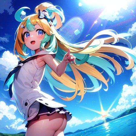 masterpiece, best quality, photorealistic, 3D, shiny_skin, shiny_hair, dynamic angle, beautiful detailed glow, HDR, Rembrandt lighting, colorful refraction, lens flare, bloom, film Reflection, chromatic aberration, light diffusion, public indecency, cowboy shot, deep meaning, physically-based rendering, bright, vibrant, intricate, particles, light rays, 1girl,amakawa hano,<lora:amakawa hano:1.0>,  :d