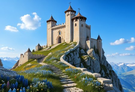 a  crusader watchtower on a (tall rock spire),  (13th Century:1.5), a stairway to the watchtower, gate, doorway, very wide shot, far out shot, fantasy, blue sky, alpine meadow flowers, best quality, masterpiece, realistic, photo-realistic, amazing, finely detail, ultra-detailed, highres, extremely detailed, 8k wallpaper