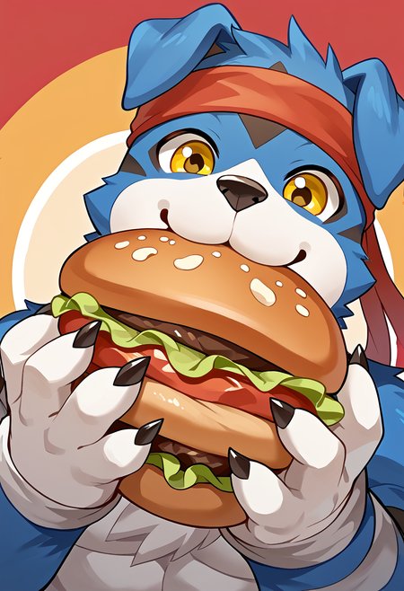 high res, best quality, gaomon_digimon, furry, headband, solo, 1boy, claws, cute, happy, eating burger, yellow eyes, <lora:Gaomon_Digimon:1>