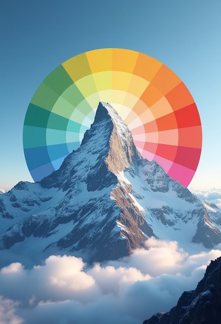 Content:

A professional nature photo of a high snowy mountain in China with fluffy white clouds below the peak, color tones wheel chart devided in even sections and every section consists of sectors representing blue green orange red cyan sectors is rising behind the mountain

Additional Details:

the whole photograph is using washed out colors