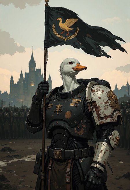 This striking image features an anthropomorphic white duck clad in the iconic power armor of a space marine, inspired by the Warhammer 40K universe. Rendered in a hyper-realistic, cinematic portrait style, the duck is captured in a dynamic upper-body pose as it stands confidently before a battalion of fellow power marines, holding a tattered flag. The flag is showing the heraldig animal of its unit - a golden duck on black background.  Its head is slightly tilted upward and to the side, accentuating a look of unwavering pride and determination. The worn armor, marked with deep scratches, dents, and faded battle insignias, tells silent tales of past conflicts and hard-won victories.
Soft dawn light diffused by an overcast sky bathes the scene, creating gentle contrasts and casting subtle shadows that enhance the intricate details of the battle-scarred armor and the organic texture of the duck’s feathers. In the background, the assembled marines stand in disciplined formation, their imposing silhouettes contributing to the overall aura of military grandeur and camaraderie. Every element—from the reflective surfaces of the armor to the resolute expression in the duck’s eyes—merges to create a powerful visual narrative that blends the fantastical elements of science fiction with the rugged realism of professional portrait photography.
in the style of cksc, DB4RZ,  DeathW40K