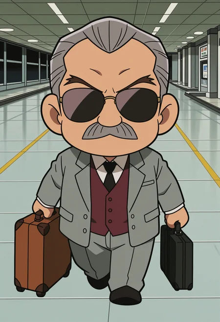 lazypos, 1boy, full body, looking at viewer, facing viewer, (chibi only:1.75), holding suitcase, airport, sunglasses, walking, solo,
<lora:Colonel_Moran_from_Detective_Conan_The_Phantom_of_Baker_Street_v1.0:1> plump,
dc02moran, old man, grey hair, hair slicked back, thick mustache, forked eyebrows,
grey suit, maroon vest, white shirt, black necktie, black footwear,
retro artstyle, 2000s \(style\), anime screenshot,