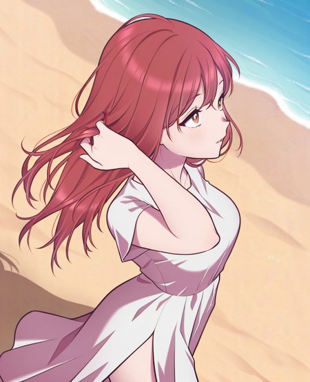 masterpiece, best quality, amazing quality, very aesthetic, absurdres, <lora:Andria_Januar_style_ILLUS-000009:1> , aja, 1girl, looking afar, parted lips, portrait, ruffling hair, from side, angle view, from above, beach, sand, water, upper body, walking, white dress, side slit,