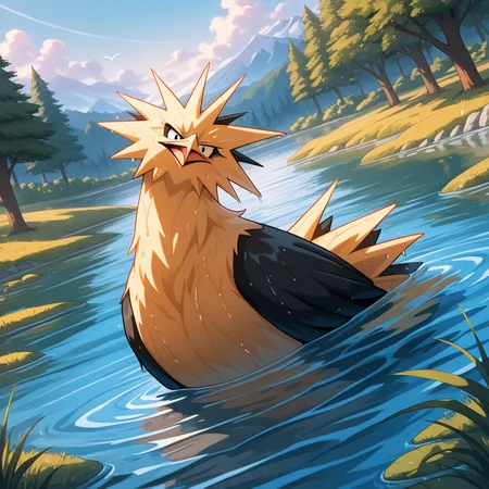 ((vibrant, detailed, detailed background, amazing quality, colorful, masterpiece, 8k, rtx)), beutiful background, BREAK 
<lora:zapdos-illus-14:1> pzapb, pokemon \(creature\), bird, 1other, sitting, lake, partially submerged, bathing, wet body, dybamic pose, dynamic angle, head tilt,