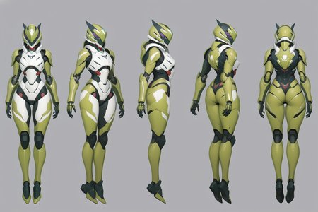 (GENERAL:0), mecha, robot, masterpiece, best quality, very aesthetic, absurdres, solo, standing,
(VIEWS:0),  full body character turnaround of mecha,
Multiple views of the same mecha,  (simple background, white background:1.2), multiple views, side view, back view, front view, 
,
mask, helmet,
Killer whale\(animals\)ï¼
Nirvash\(Eureka Seven\),
plate armor, power suit, alien,
android, cybersuit, upper armor, mechanical arms, machinery, prosthesis,
(bodyshape:0), Compact build body,
(clothing:0), (metallic midi dress with strappy heels and a statement bracelet.:0.6), 
(grey  
post-Apocalypse  theme character design:1.1),
 <lora:MechTurnXLRemix_v1:.75>
 <lora:MechTurnXL_v1:.25>
<lora:ClothTurnXLRemix_v1-000004:.25>
 <lora:ClothTurnXL_v1-000004:0.25> 
<lora:CharTurnXL_v2:0.25>
 <lora:xl_more_art-full_v1:.25>,
 <lora:Alphonse Mucha Style:.1>, Alphonse Mucha Style page
 <lora:å½é£æç»SDXL:.1>