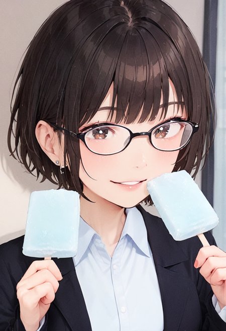 masterpiece, best quality, very aesthetic, absurdres,
garigarikun, food, 2girls, shirt, looking at viewer, white shirt, jacket, black hair, collared shirt, holding, parted lips, black jacket, brown hair, holding food, formal, short hair, open clothes, smile, glasses
 <lora:garigarikun_SDXL_V1:1>