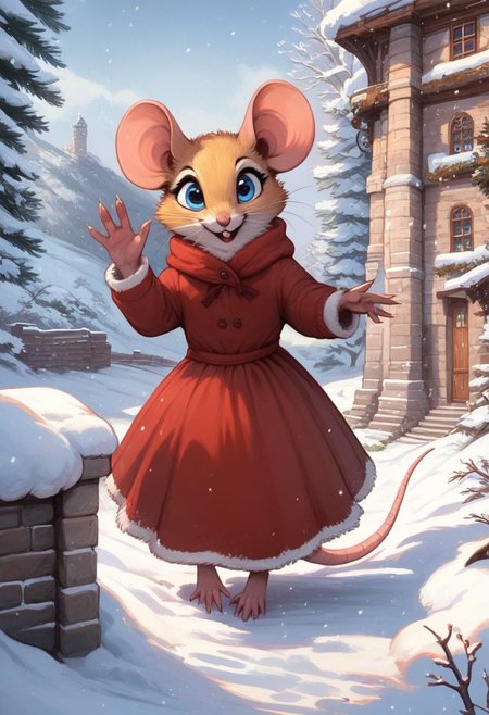 score_9, score_8_up, score_8, solo, fluffy, (feral), outdoors, toes, furry, (((mouse))), female, blue eyes, yellow fur, claws, (fluffy cheeks:0.7), (red dress), in the style of beatrix potter, snow, walk, stand, (solo:2), stone building, trees, waving to viewer, excited expression