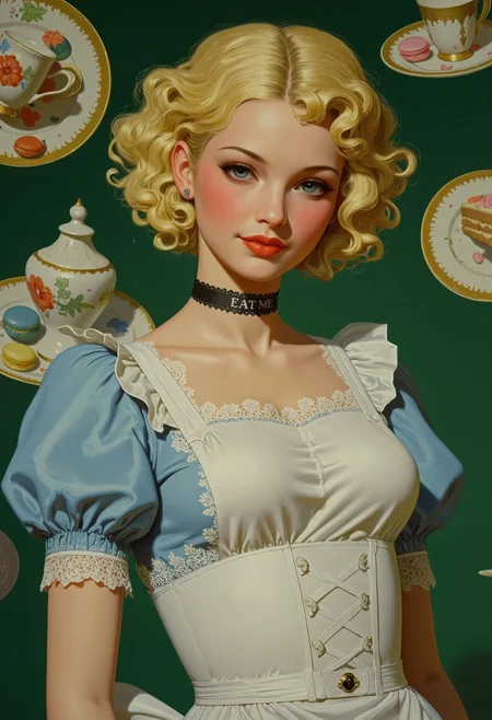 an otherworldly and awe-inspiring vintage illustration. Portrait of a slender Kiribatian catwalk model cosplaying as Alice in Wonderland, a whimsical fantasy heroine, wearing a white apron with a delicate ribbon-laced Victorian white waspie corset cinching her narrow waist, over a blue dress with lace trim and puffy sleeves, and adorned with a simple black lace choker with the white text that reads "EAT ME", and detached white lace cuffs. Her seductive gaze features blue eyes, long and thick fluttery crescent-moon eyelashes, with a demure smile and rose-petal blush, framed by her very short curly blonde hair. She is looking at the viewer, in a dynamic angle. The greenish background melts into a floating tea service with whimsical cups, saucers, plates, teapots, colorful macaroons, cream cake, bathed in golden-hour glow. Dramatic  lighting highlights her porcelain skin, and gemstone choker. With a timeless fairy-tale vibe that blends Arthur Rackham and Lewis Carroll aesthetics.
<lora:vintage-women-illustration-v1:0.8>