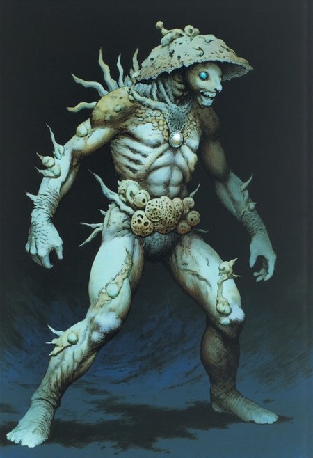 b3rs3rk macro lens d4concept pov, 3D01S, simple background d4artstyle atmospheric and powerful MikeFranchinastyle dark fantasy, natural organic and first person pov of a berserk style creature in the frazetta drawing style and Tsutomu Nihei style
Anthropomorphic mushroom creature, combining traits from various fungi. The creature has a bulbous, rounded body covered in textured, pale skin, with patches of moss and fungal growths sprouting from its surface. Its head resembles a large mushroom cap with a rugged, uneven edge, drooping slightly over its round face. Small, glowing eyes peer out from under the cap, giving it an inquisitive expression. Multiple spore sacs and fungal sprouts protrude from its back and shoulders, some resembling clusters of smaller mushrooms while others are elongated stalks. The creature’s arms are stubby and end in root-like fingers, while its legs are thick and sturdy, with mycelium-like tendrils wrapping around its feet. There are patches of bioluminescent fungi dotting its form, emitting a faint glow. The skin texture is highly detailed, mixing smooth, rubbery surfaces with rough, bark-like areas. 
Background solid color with a faded dimly lit, fog-covered darkness tone that emphasizes its silhouette. 
UHD letterboxed game trailer frame chromatic aberration dark atmosphere sharp masterpiece with a focus on the character, elden ring, dark atmosphere