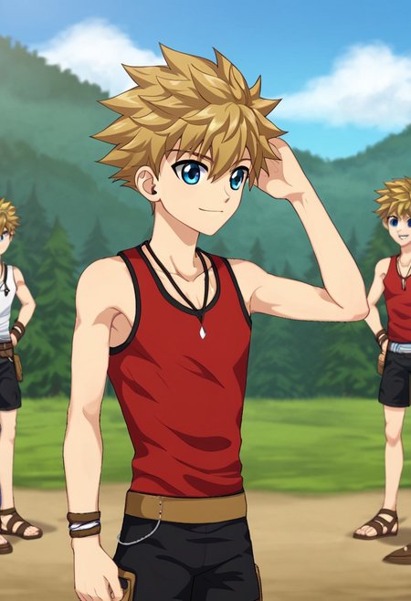connor bleufin, blond hair, short hair, spiky hair, blue eyes, 1boy, solo, solo focus, medium build body, wear red tank top, wear black shorts, outdoor, sunny day, clear sky, standing