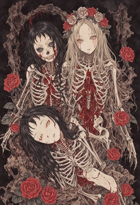 japanese line art    , two woman intertwined on a bed, floral patterns, roses, linen , (bloody face, dripping blood:1.2) , dripping blood, skeletal figures, gore, (aged black background:1.2) ,  weathered canvas and brushstroke  , (intricate eyeball  pattern background:1) , ,  bad  quality , low res,  , in the style of  takato yamamoto   unfinished, ugly, <lora:takma2:1.2>