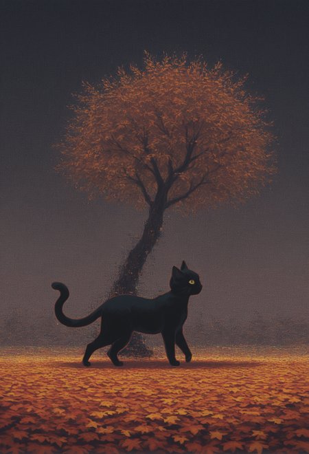 masterpiece, best quality, good quality, very awa, newest, highres, absurdres,, solo, no_humans, leaf, cat, autumn_leaves, animal_focus, autumn, (glitch art, dithering,chromatic aberration,pixel art),from side,fine art, 15546+456868, in the style of cknc,monmon2133